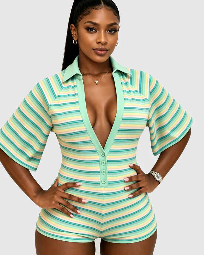 Striped Ribbed Polo Hourglass Romper with Button Front  - By Qivii