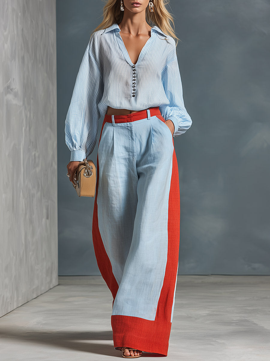 Stylish Casual Blue Striped Shirt And Color-Block Wide-Leg Pants Cotton-Linen Set  - By Qivii