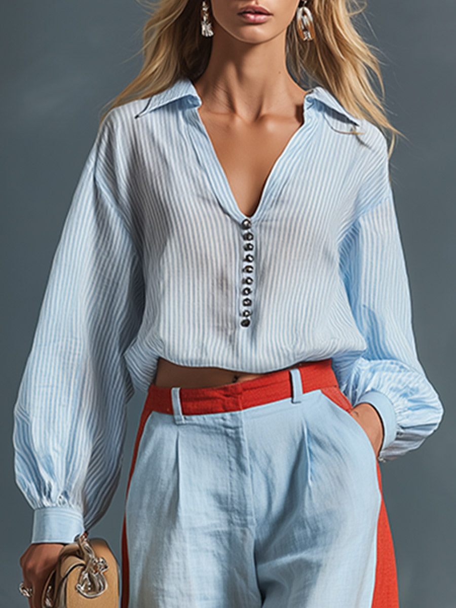 Stylish Casual Blue Striped Shirt And Color-Block Wide-Leg Pants Cotton-Linen Set  - By Qivii
