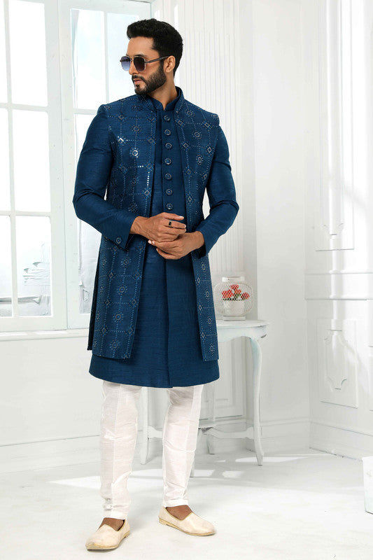 Men's Art Silk Embroidery Work Indo Jacket Set In Teal Colour