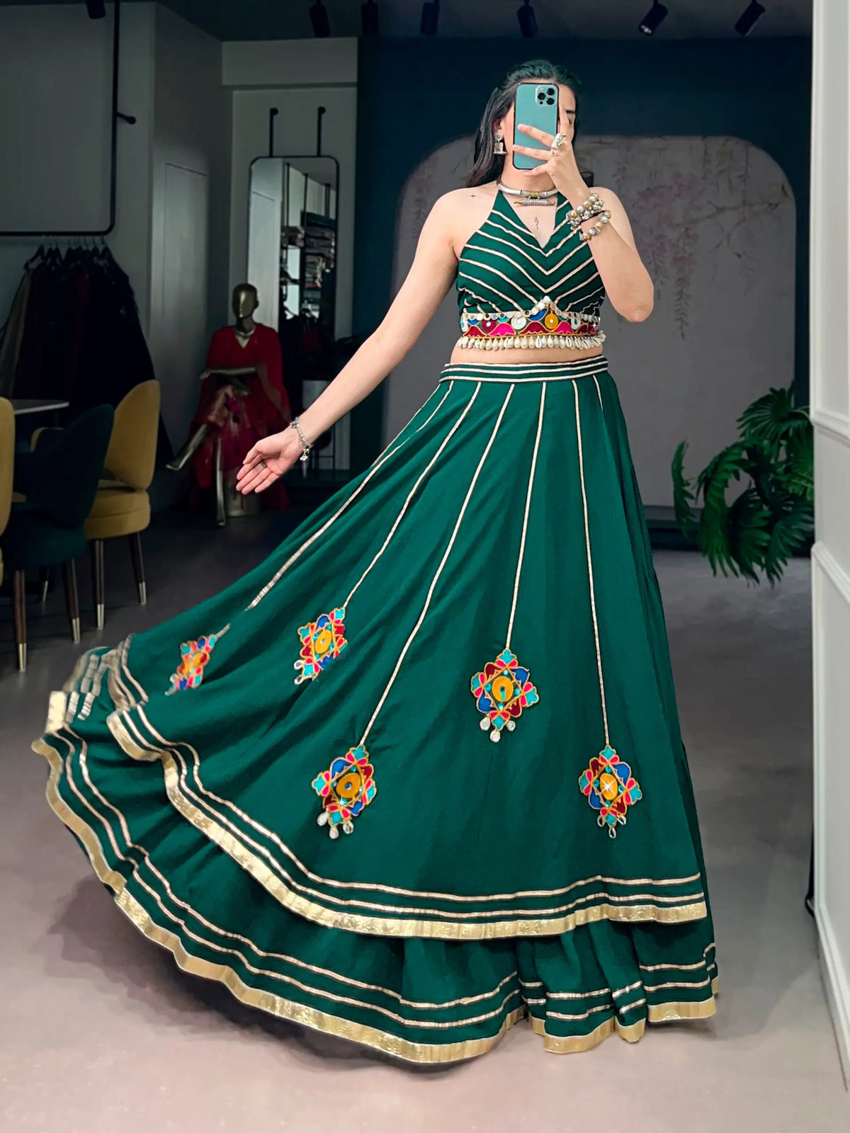 11 Meter Flair | Green Gamthi & Mirror Work Chaniya Choli