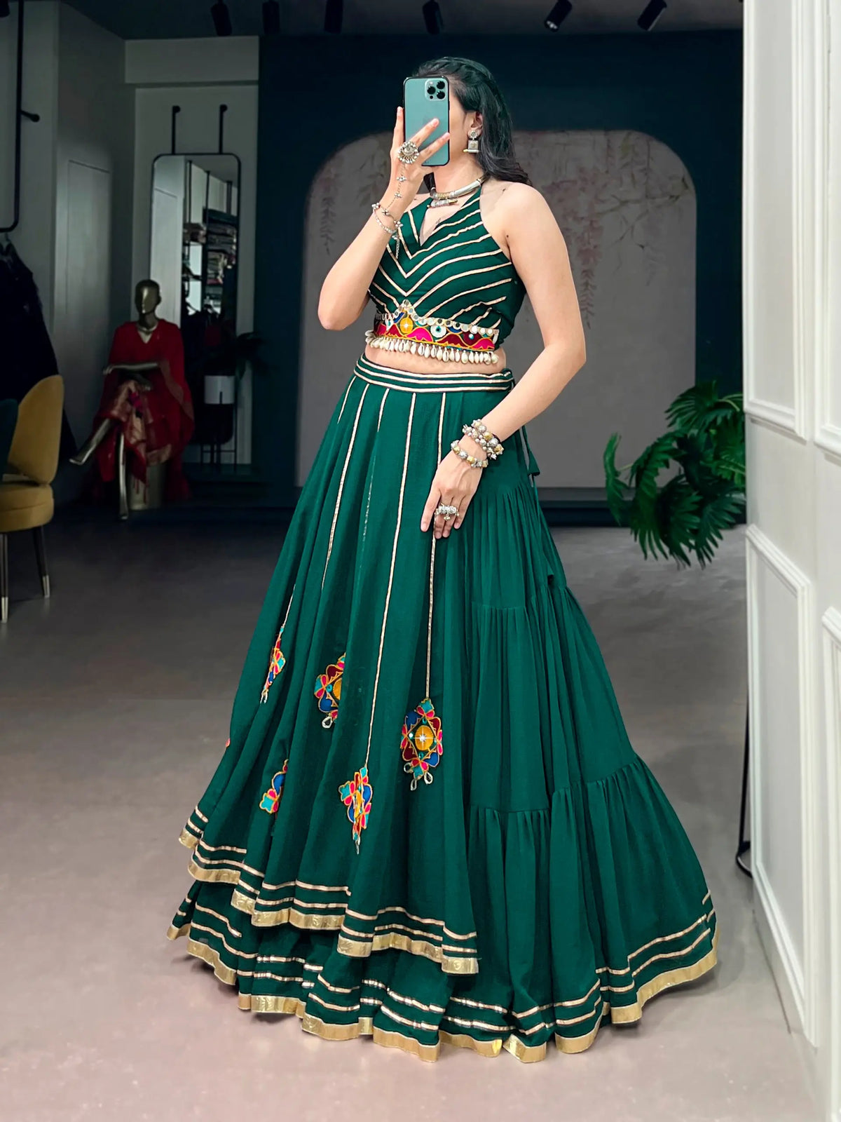 11 Meter Flair | Green Gamthi & Mirror Work Chaniya Choli