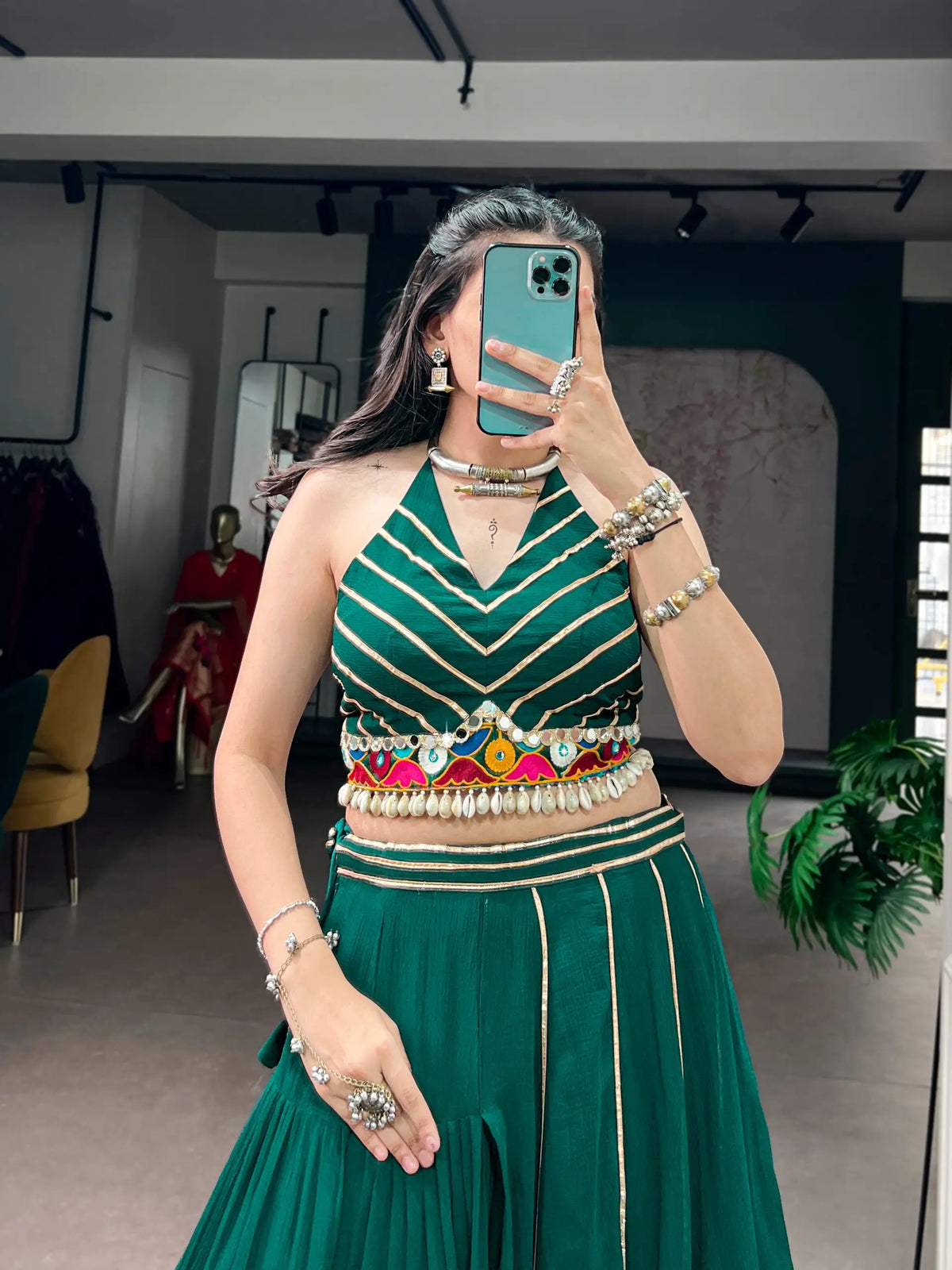 11 Meter Flair | Green Gamthi & Mirror Work Chaniya Choli