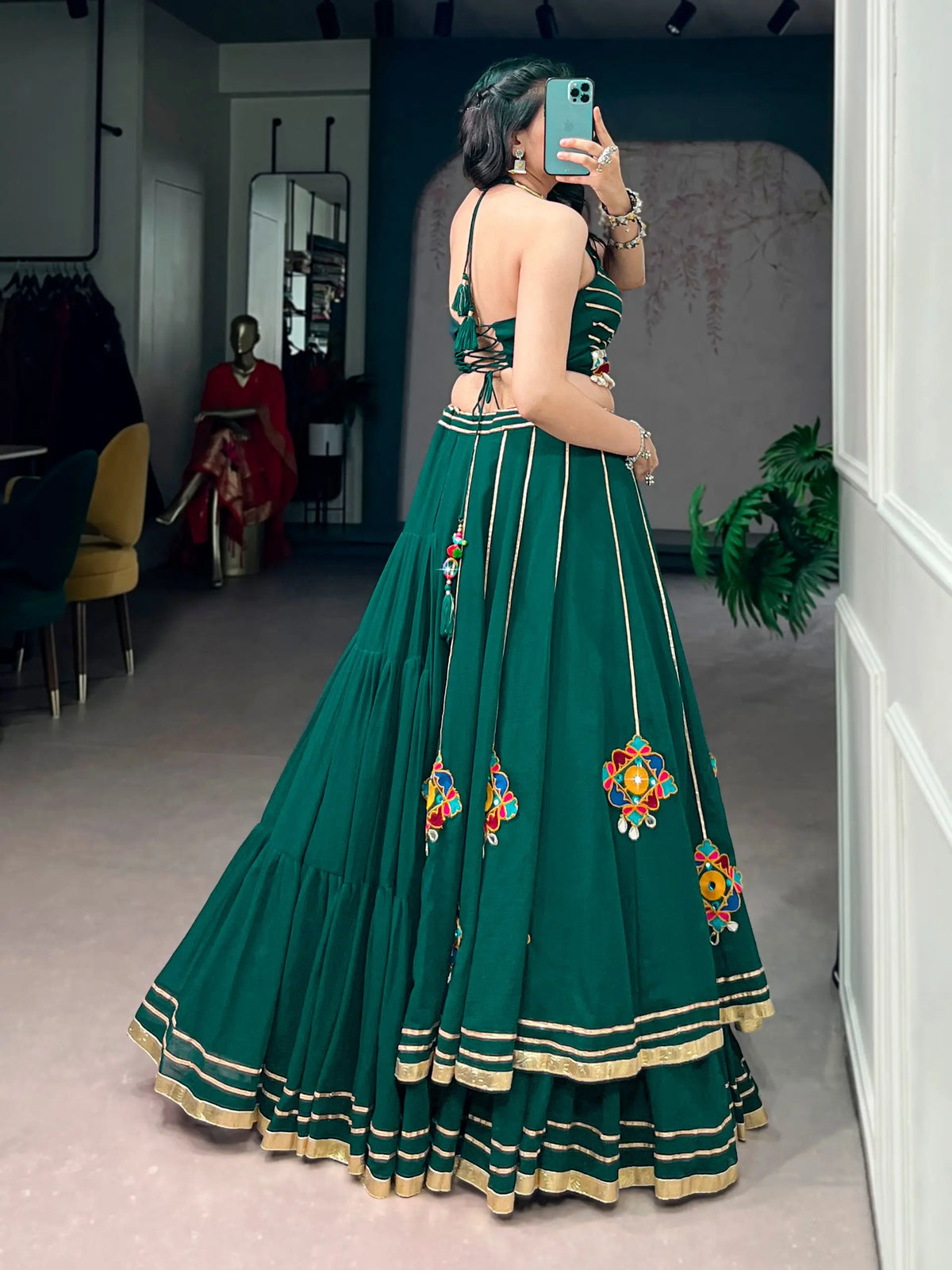11 Meter Flair | Green Gamthi & Mirror Work Chaniya Choli