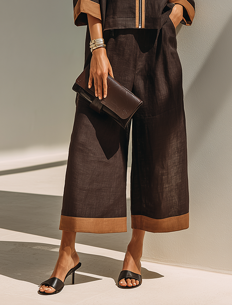 Women's Dark‑Brown Linen Fabric Stand‑Collared Zip‑Up Crop Top & Wide‑Leg Pants Set MDZ1459G3ZRK