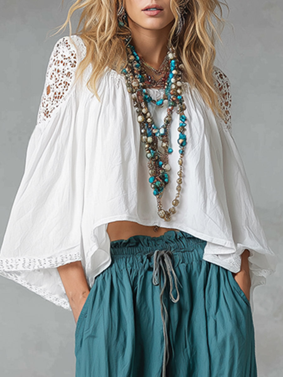 Vintage-style Boho White Shirt And Teal Utility Trousers Cotton-linen Set  - By Qivii