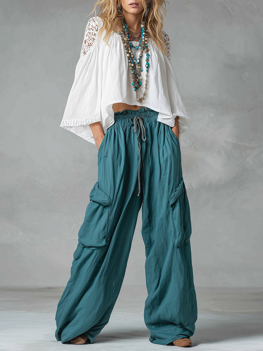 Vintage-style Boho White Shirt And Teal Utility Trousers Cotton-linen Set  - By Qivii