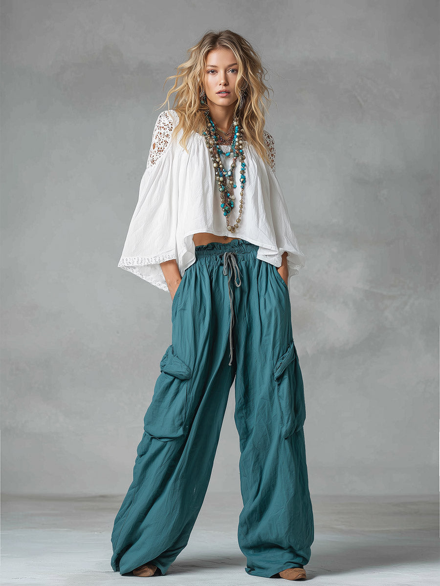 Vintage-style Boho White Shirt And Teal Utility Trousers Cotton-linen Set  - By Qivii