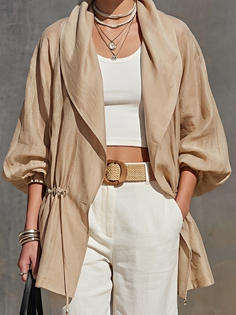 Women's Khaki Tencel Sheer Jacket With Lapel Collar Balloon Three Quarter Sleeves & Waist Drawstring, Minimalist Resort Lightweight Oversized Outerwear MDZ2240G0LYL