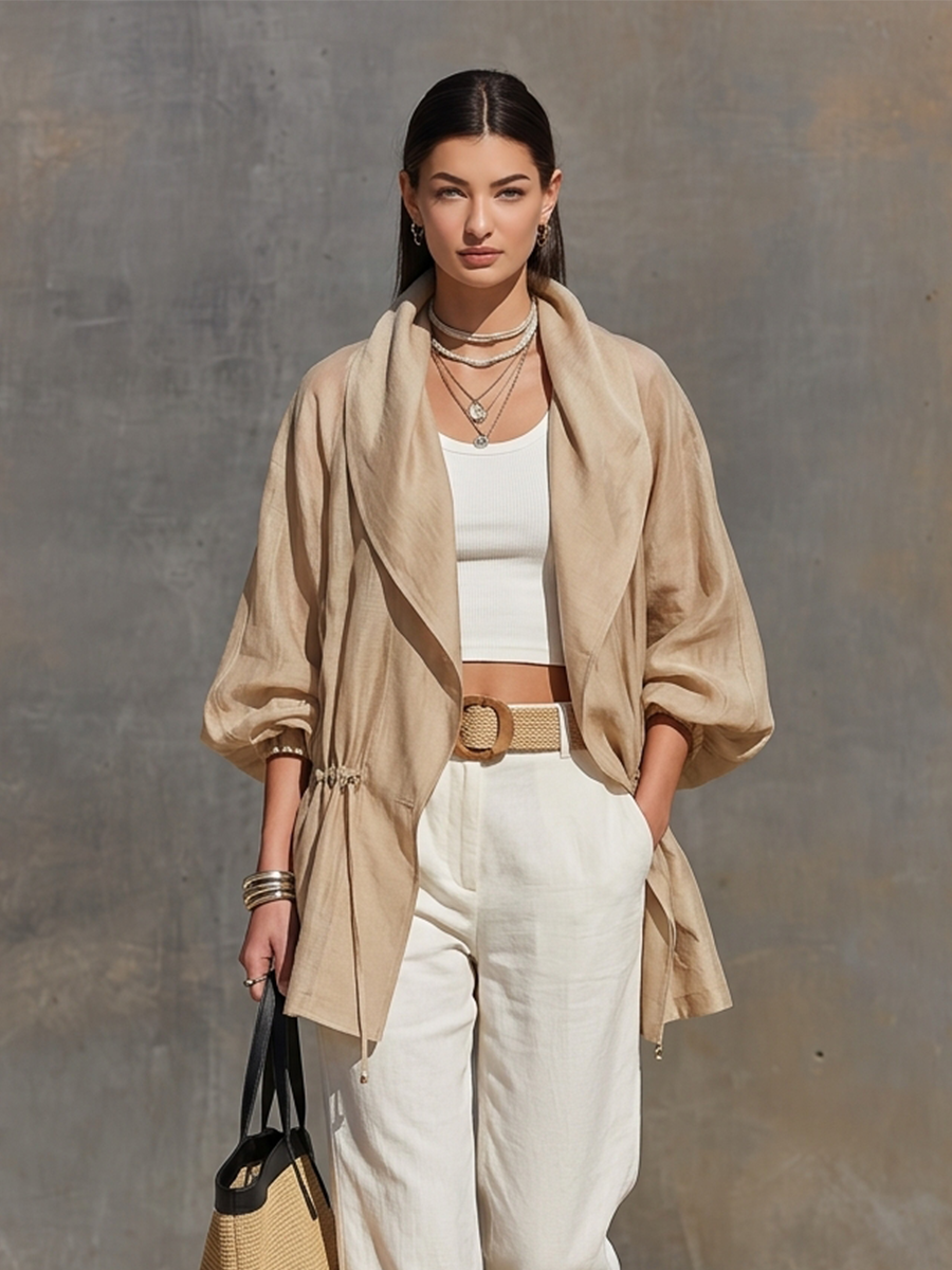 Women's Khaki Tencel Sheer Jacket With Lapel Collar Balloon Three Quarter Sleeves & Waist Drawstring, Minimalist Resort Lightweight Oversized Outerwear MDZ2240G0LYL