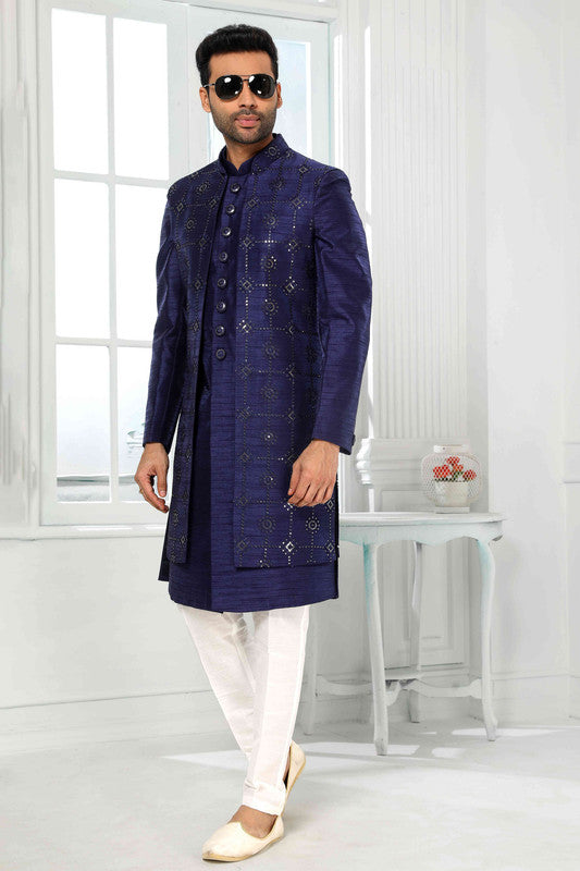 Men's Art Silk Embroidery Work 3 Pcs Indo Jacket Set In Blue Colour