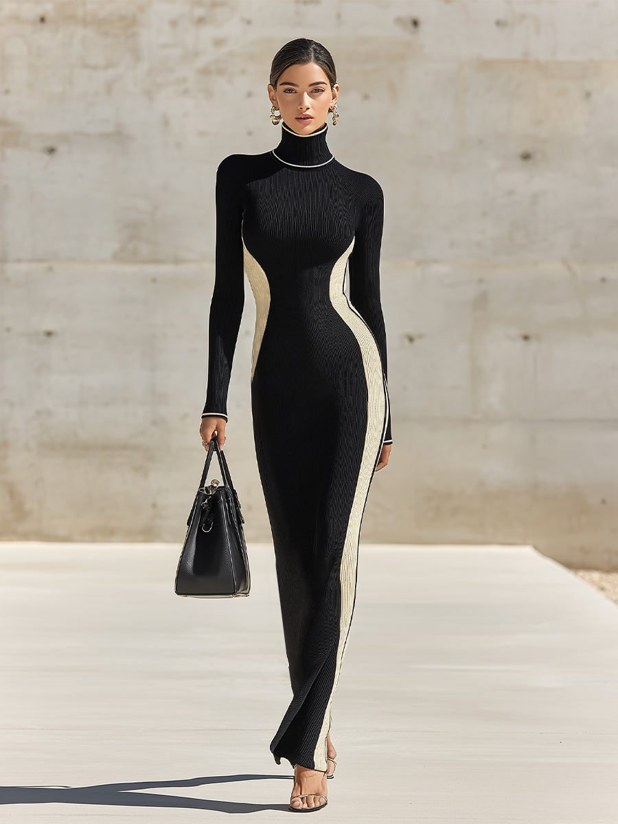Women's Two-Tone Black Off White Stretch Knit Maxi Gown With Contrast Trim Turtleneck & Vertical Side Stripe, Sophisticated Slim Fit Long Sleeve Sweater Dress MDZ2767G7LYL