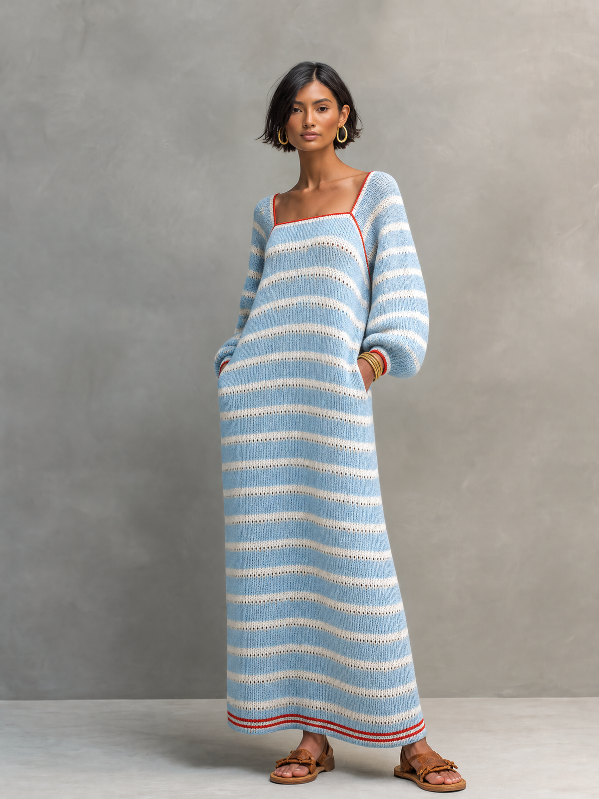 Women's Minimalist Striped Square-Neck Long-Sleeve Maxi Sweater Dress MDZ2707G0WY