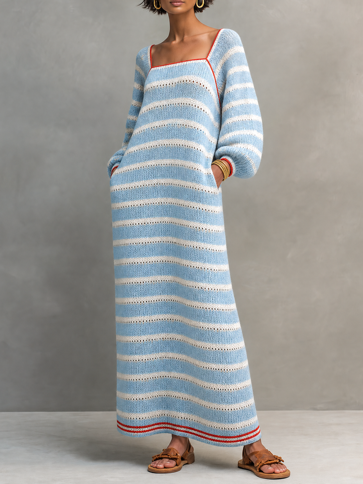 Women's Minimalist Striped Square-Neck Long-Sleeve Maxi Sweater Dress MDZ2707G0WY