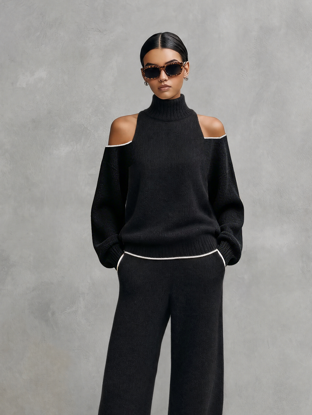 Women's Casual 2-Piece Set Black Long-sleeved Knit Top And Trousers MDZ3065G8LXY