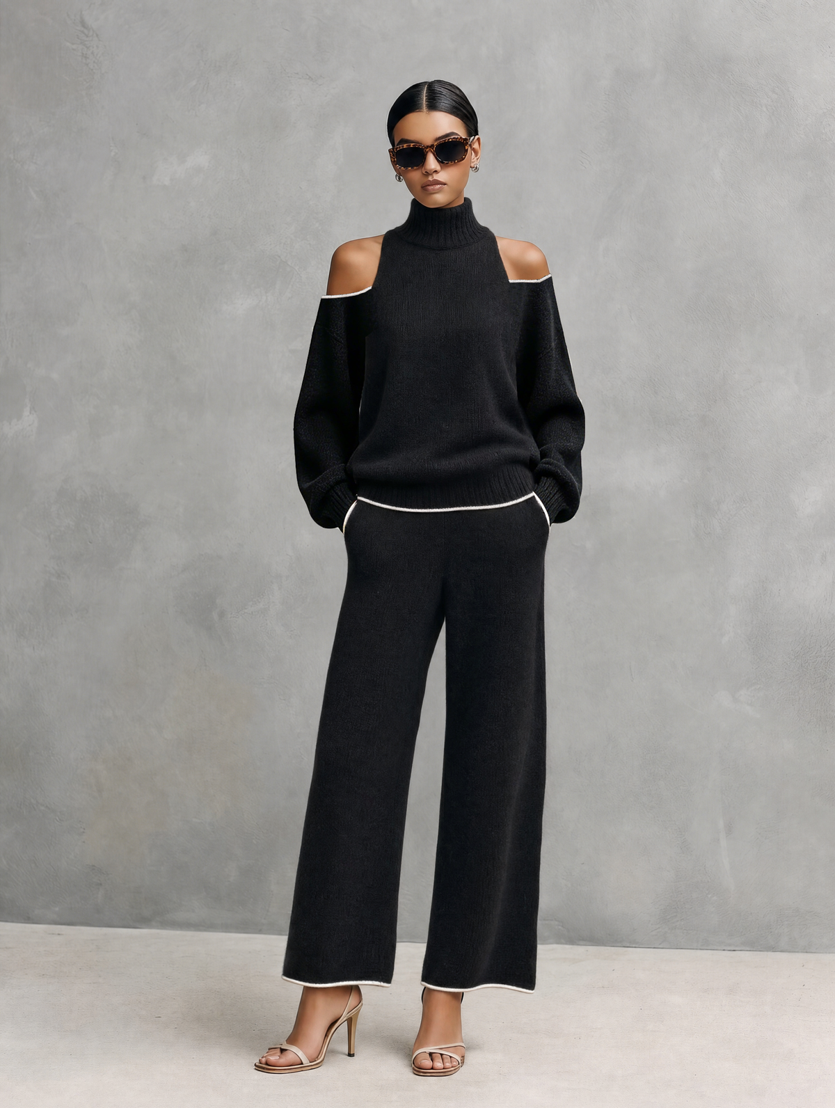 Women's Casual 2-Piece Set Black Long-sleeved Knit Top And Trousers MDZ3065G8LXY