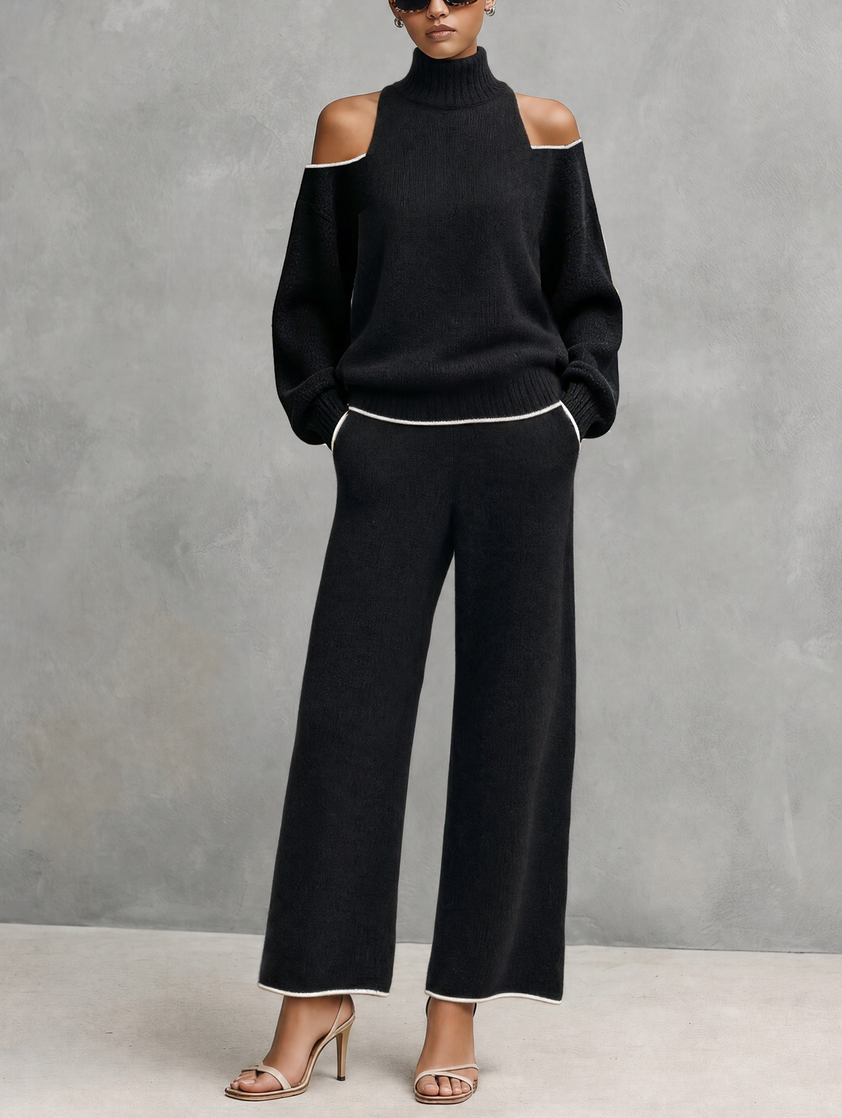 Women's Casual 2-Piece Set Black Long-sleeved Knit Top And Trousers MDZ3065G8LXY