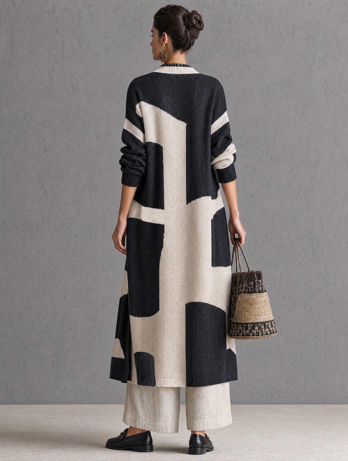 Women's Minimalist Color-Block Jacquard Single-Breasted Long Cardigan MDZ0422H8WY