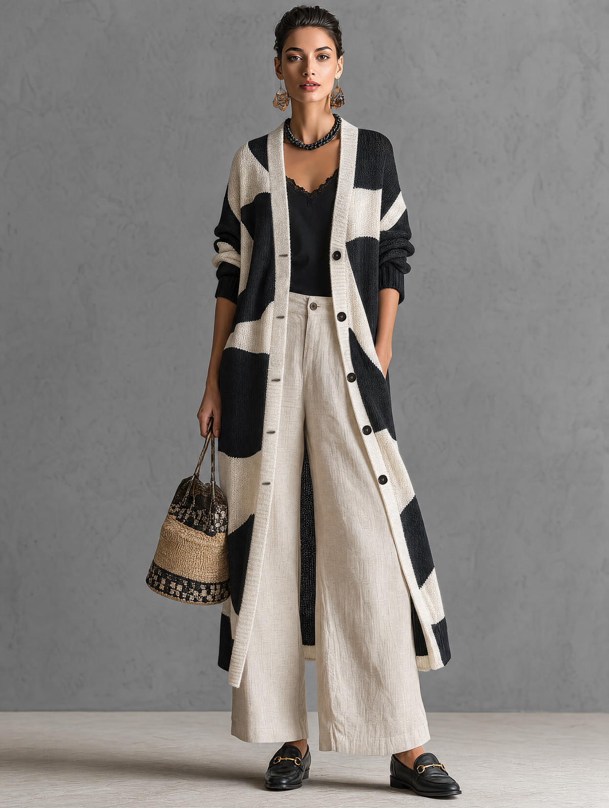 Women's Minimalist Color-Block Jacquard Single-Breasted Long Cardigan MDZ0422H8WY