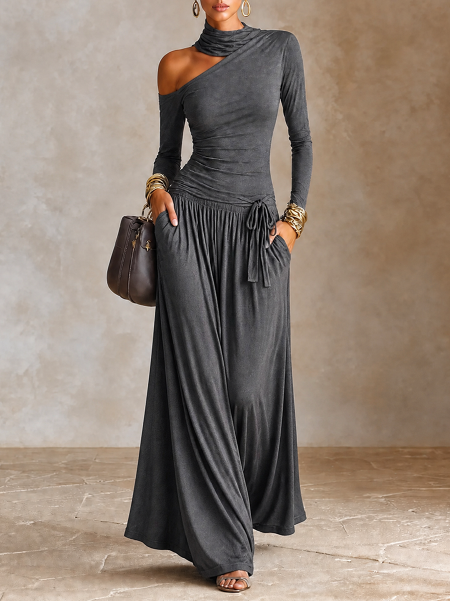 Women's Asymmetric Off‑Shoulder Long Sleeve Vacation Maxi Dress MDZ1183H4LYL