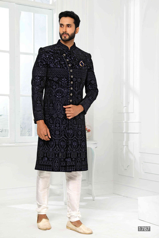 Men's Art Silk Embroidery Work Sherwani In Navy Blue Colour