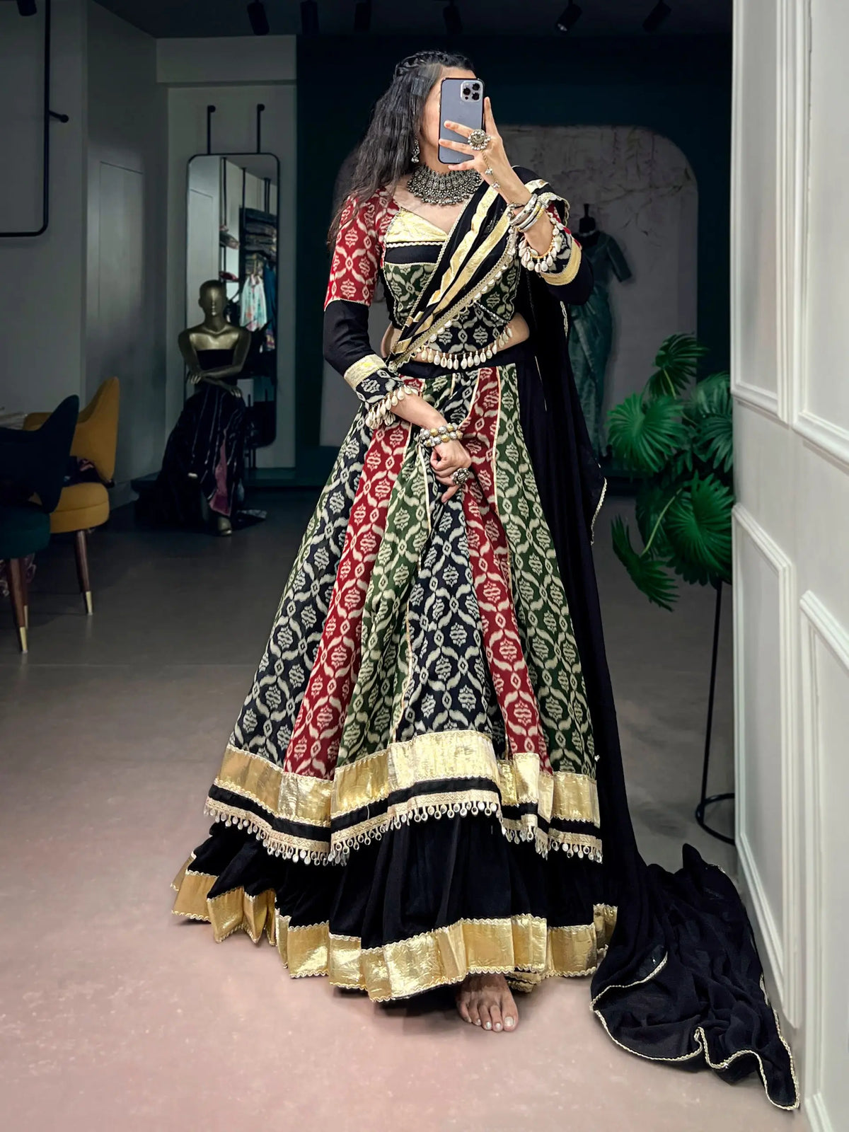 7 Meter Flair | Multicolor Rayon Printed Navratri Lehenga With Lace Work