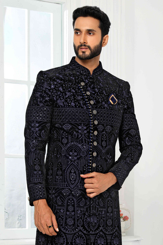 Men's Art Silk Embroidery Work Sherwani In Navy Blue Colour