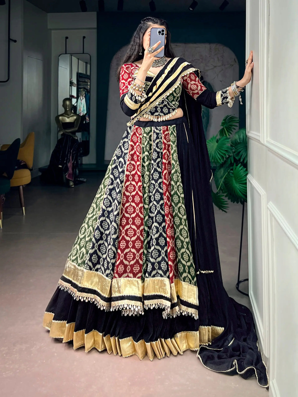 7 Meter Flair | Multicolor Rayon Printed Navratri Lehenga With Lace Work