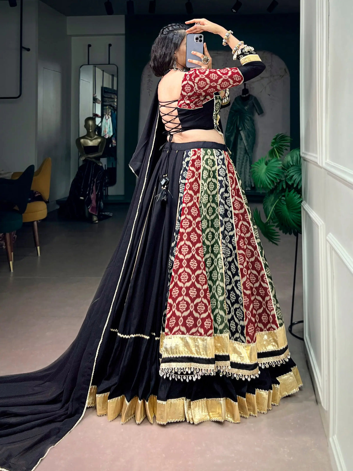 7 Meter Flair | Multicolor Rayon Printed Navratri Lehenga With Lace Work