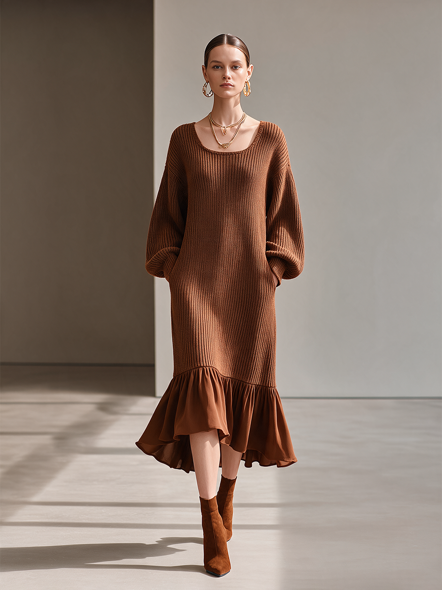 Women's U-Neck Balloon-Sleeve Ruffle-Hem Knit Midi Dress MDZ2612H8CMX