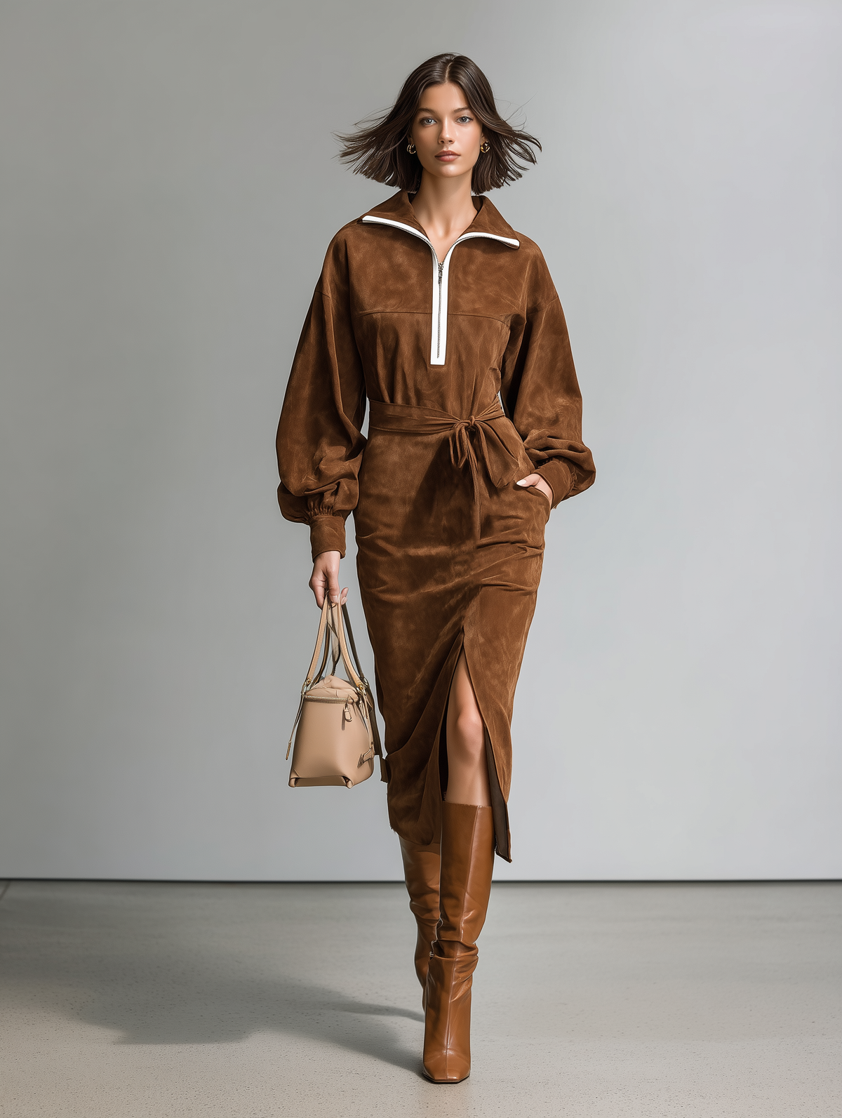 Women's Casual Brown Suede Long-Sleeve Midi Dress MDZ2729H7LXY