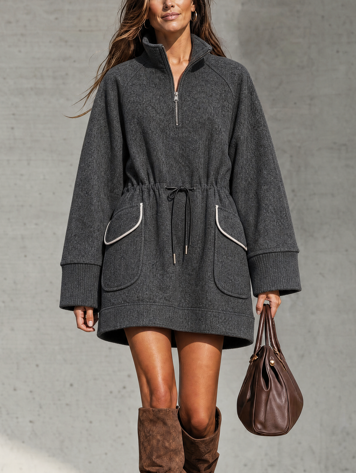 Women's Casual Long-Sleeve Wool-Blend Mini Dress In Heather Grey MDZ2727H0LXY