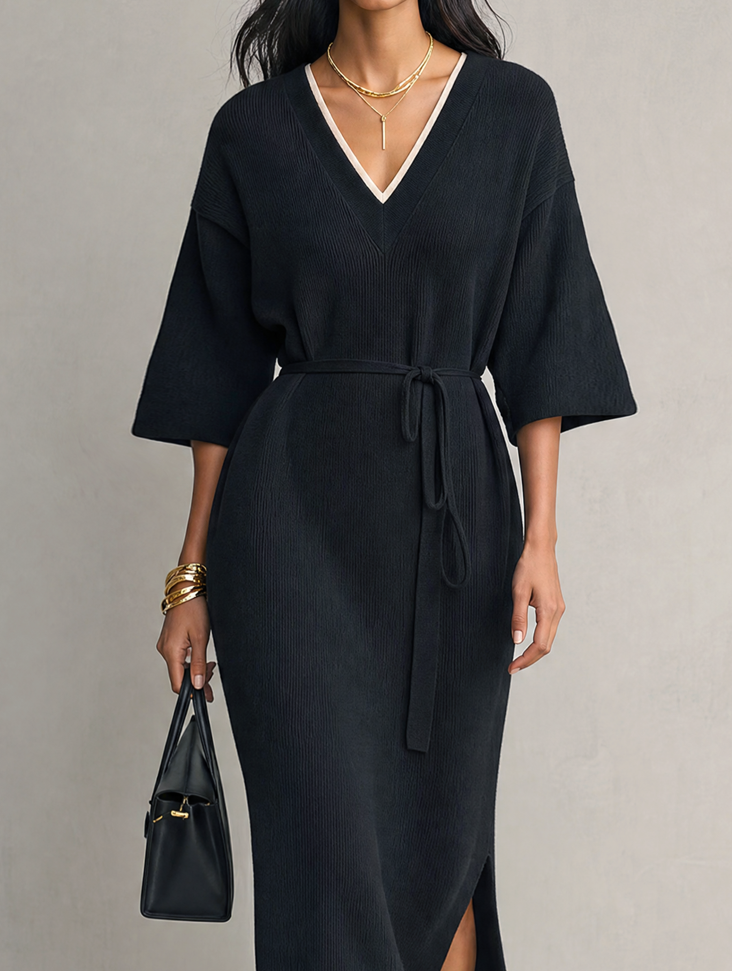 Women's Casual Black Knit V-Neck Mid-Sleeve Midi Dress MDZ2752H5LXY