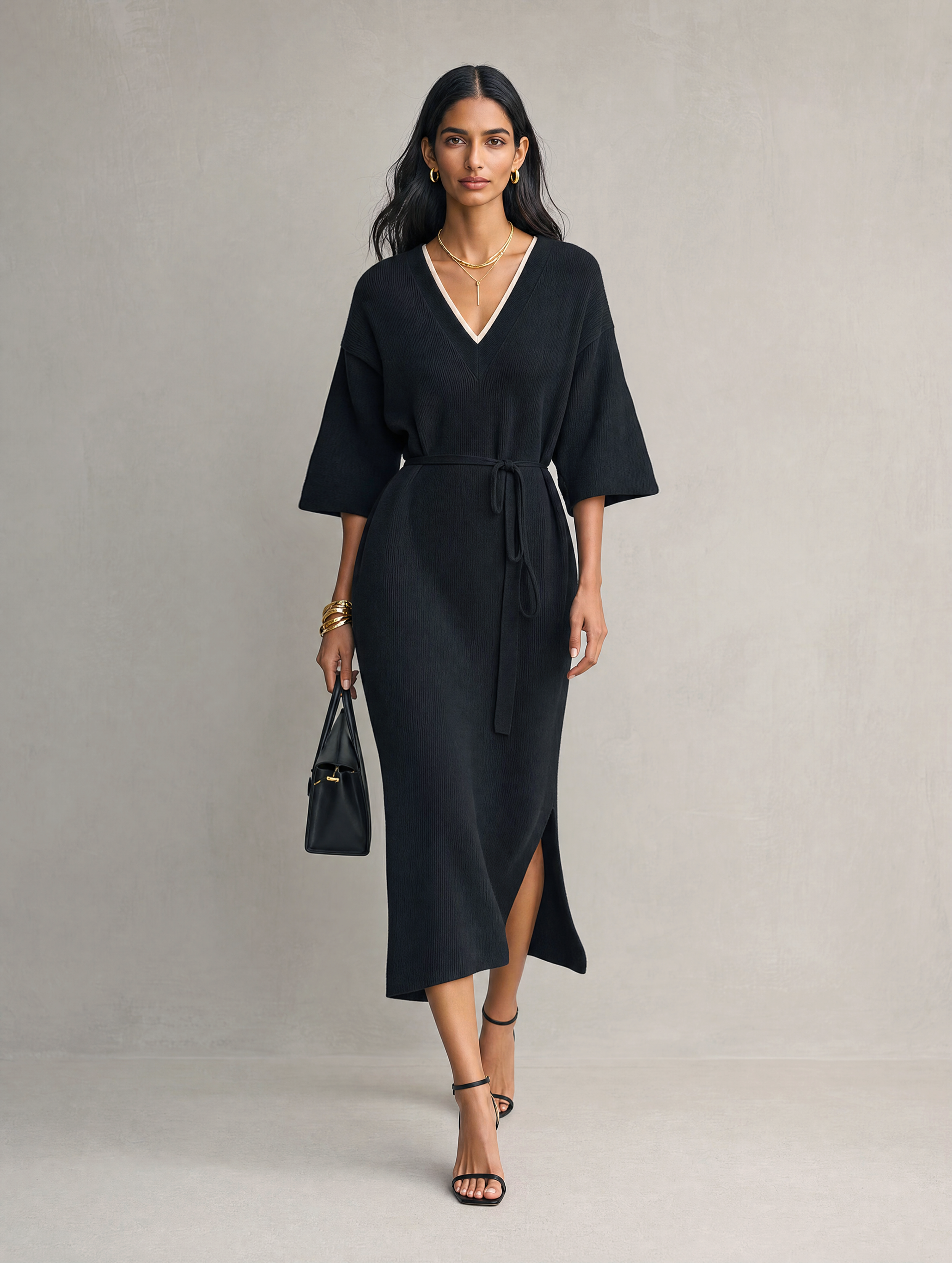 Women's Casual Black Knit V-Neck Mid-Sleeve Midi Dress MDZ2752H5LXY
