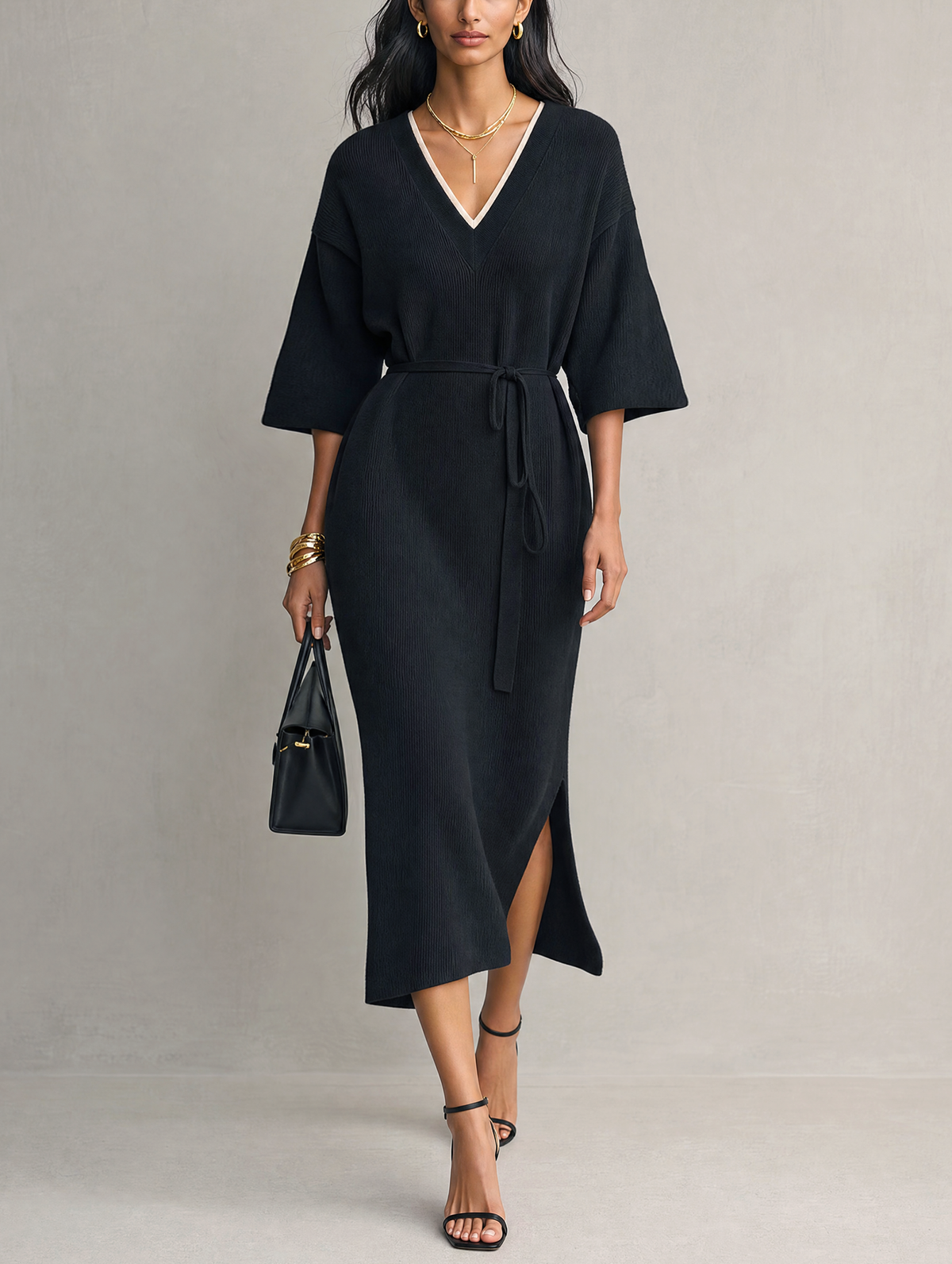 Women's Casual Black Knit V-Neck Mid-Sleeve Midi Dress MDZ2752H5LXY