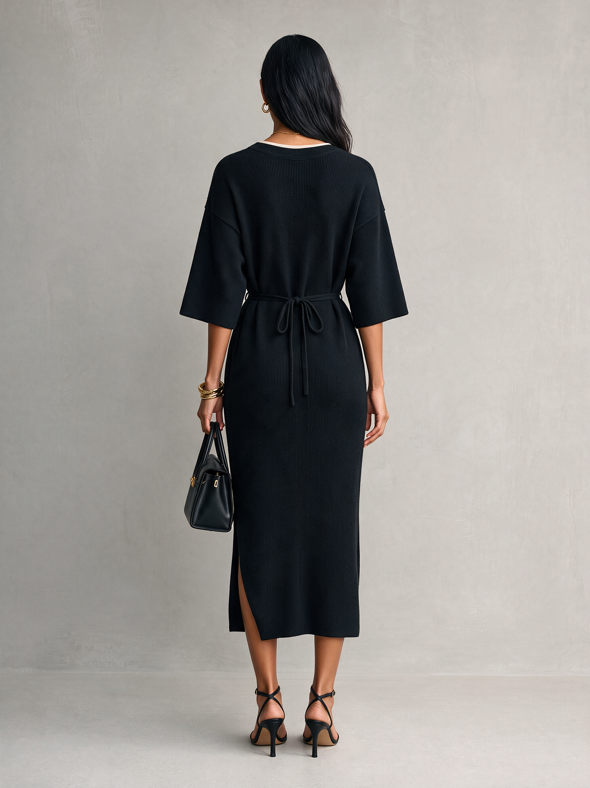 Women's Casual Black Knit V-Neck Mid-Sleeve Midi Dress MDZ2752H5LXY