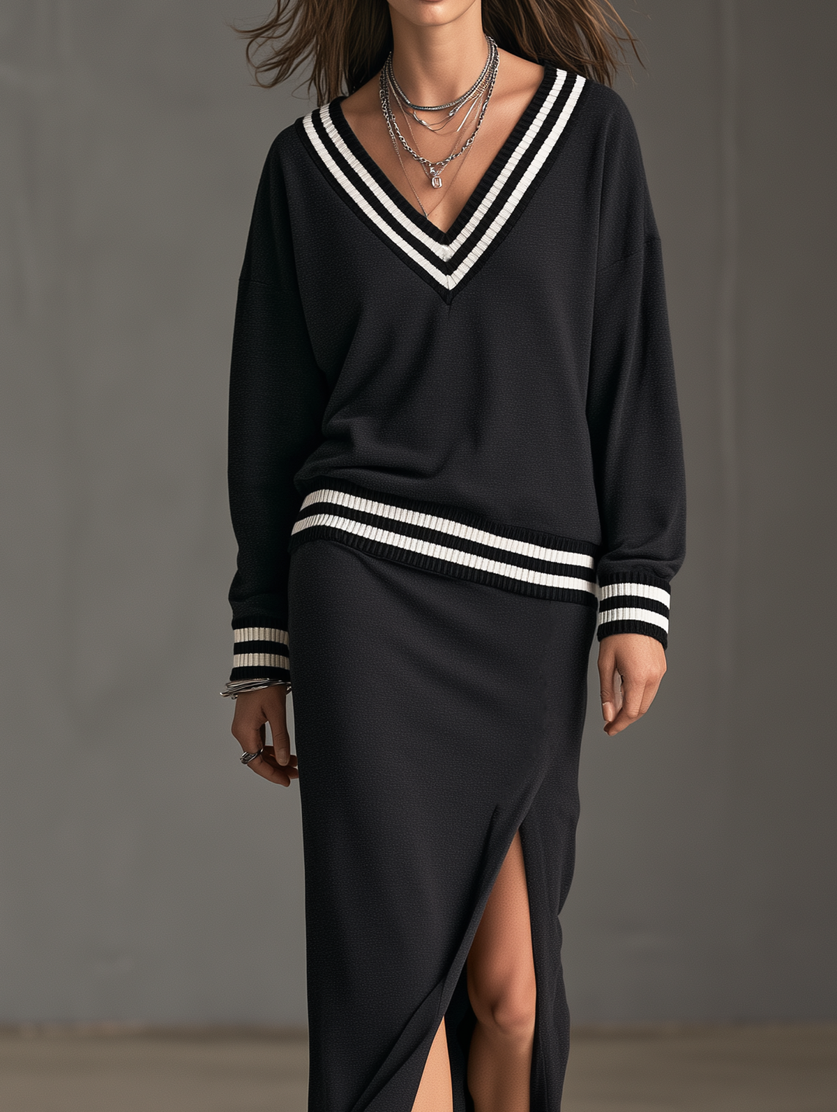Women's Casual Dark Grey V-Neck Long-Sleeve Sweatshirt Fabric Top And Skirt Two-Piece Set MDZ2889H5LXY