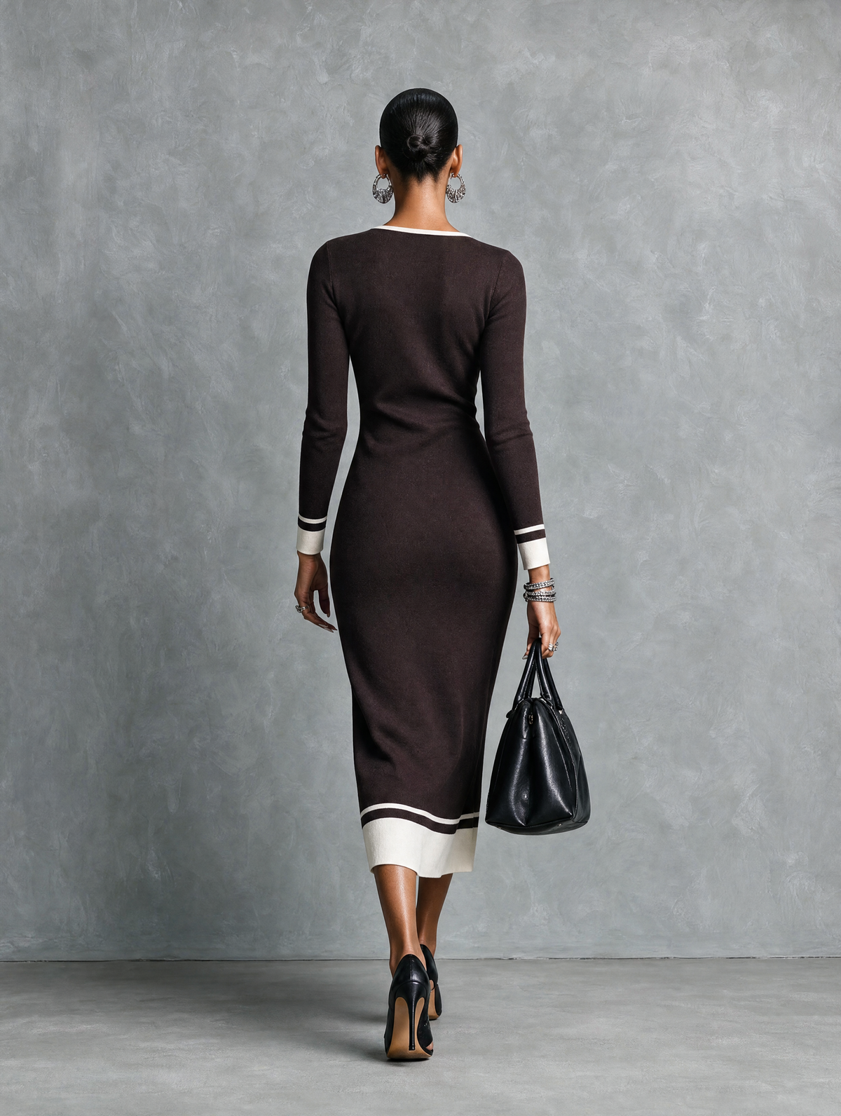 Women's Casual Brown Stretch Knit V-Neck Midi Dress MDZ2800H6LXY