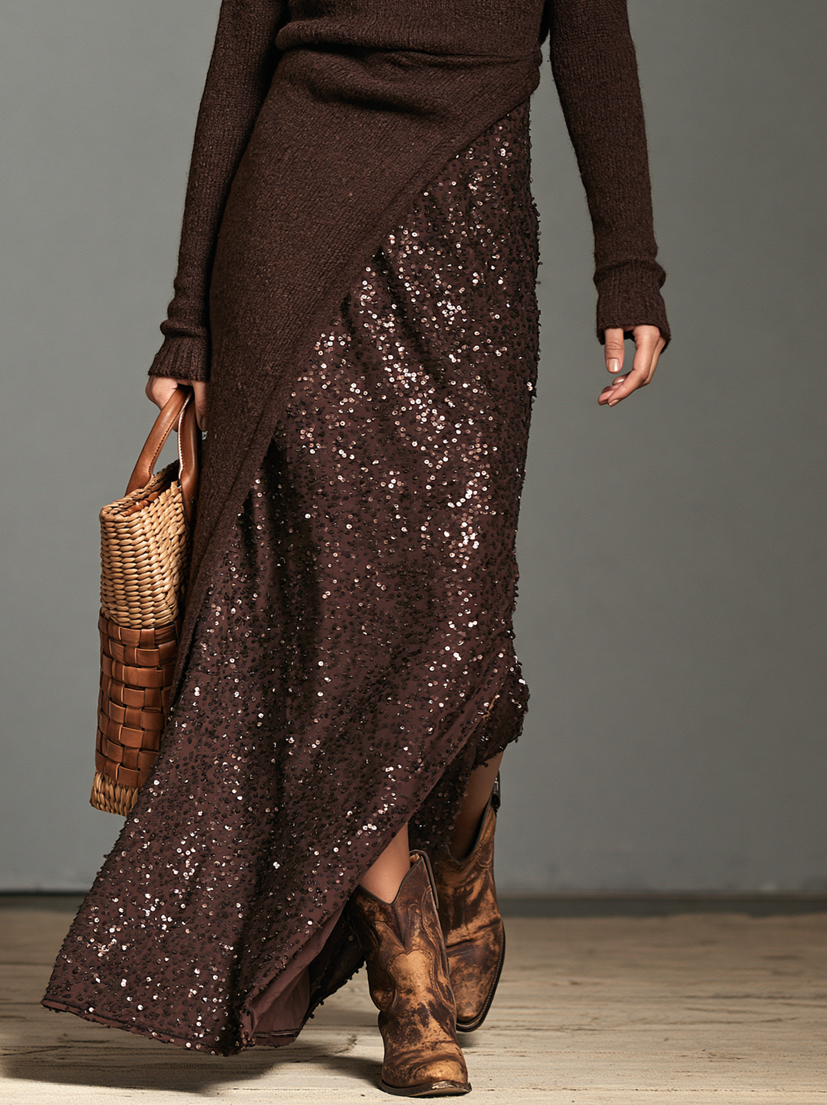Women's Vintage-Style Knit-and-Sequin Maxi Dress With Side Slit MDZ2883H6WY