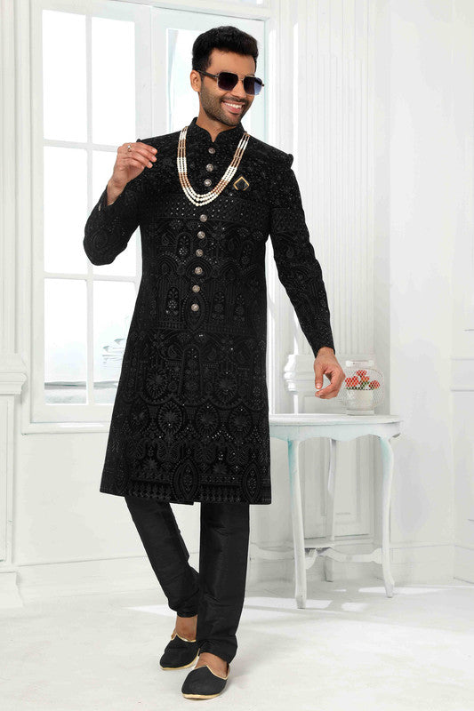 Men's Art Silk Embroidery Work Sherwani In Black Colour
