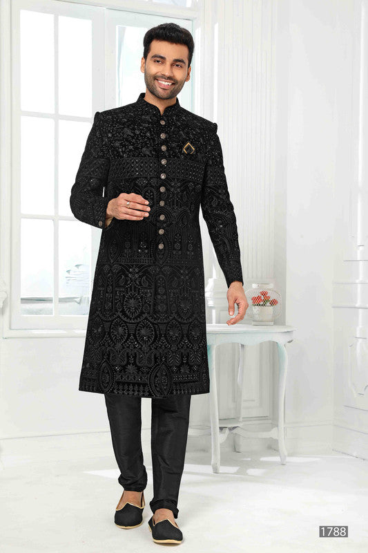 Men's Art Silk Embroidery Work Sherwani In Black Colour