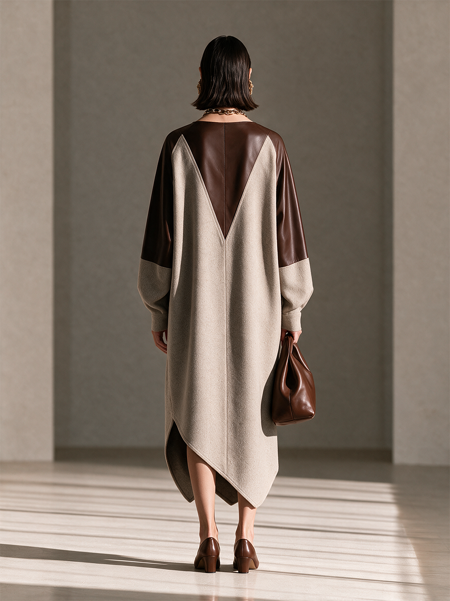 Women's Round-Neck Leather-Panel Drop-Shoulder Long-Sleeve Asymmetric-Hem Wool Maxi Dress MDZ3103H5CMX