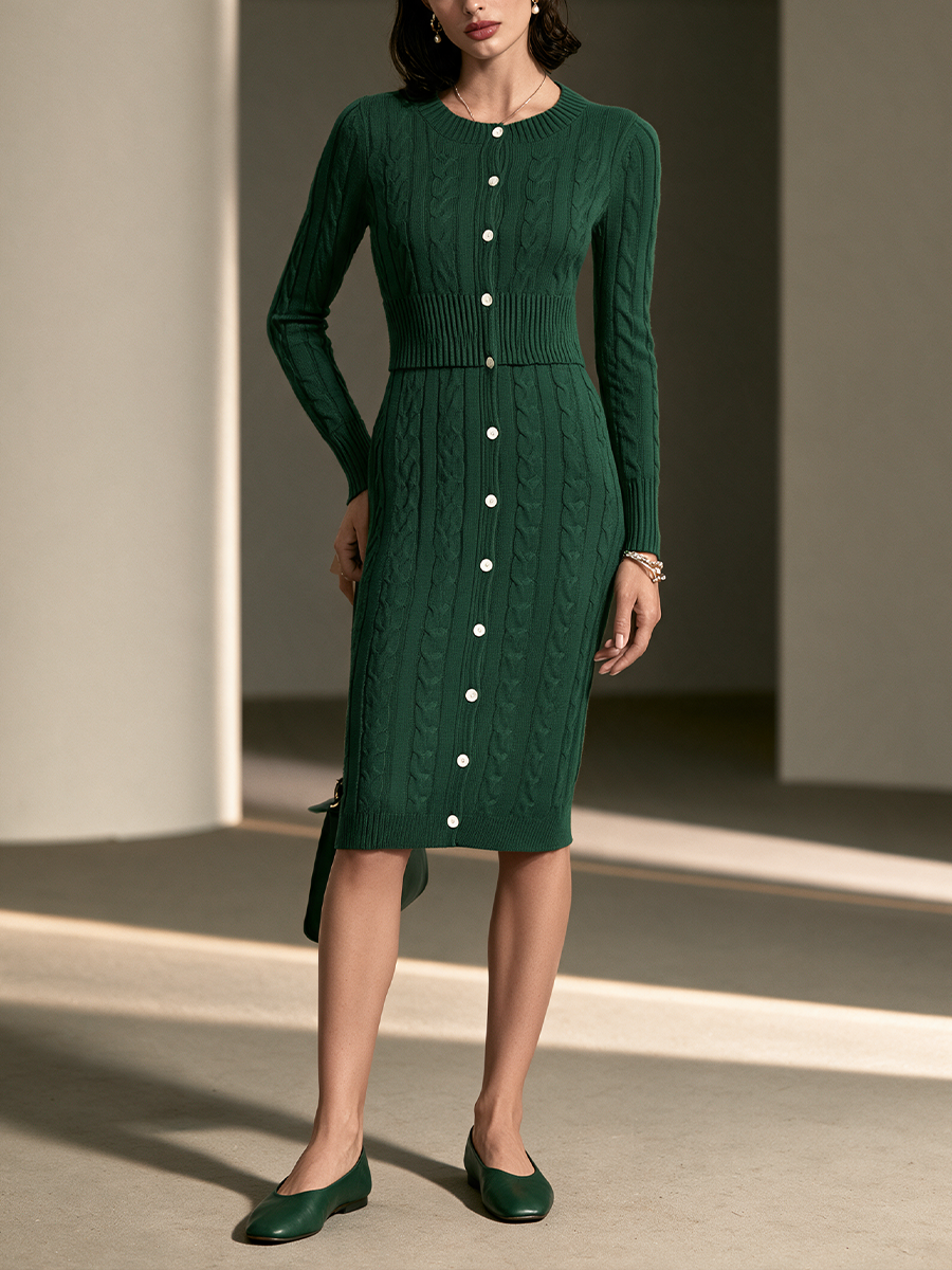 Women's Cable Knit Elegant Round Neck Midi Dress MDZ3138H0GMJ