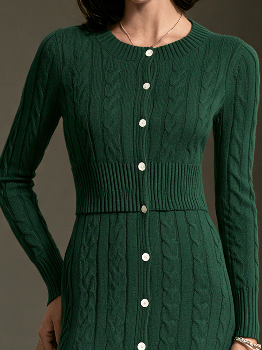 Women's Cable Knit Elegant Round Neck Midi Dress MDZ3138H0GMJ