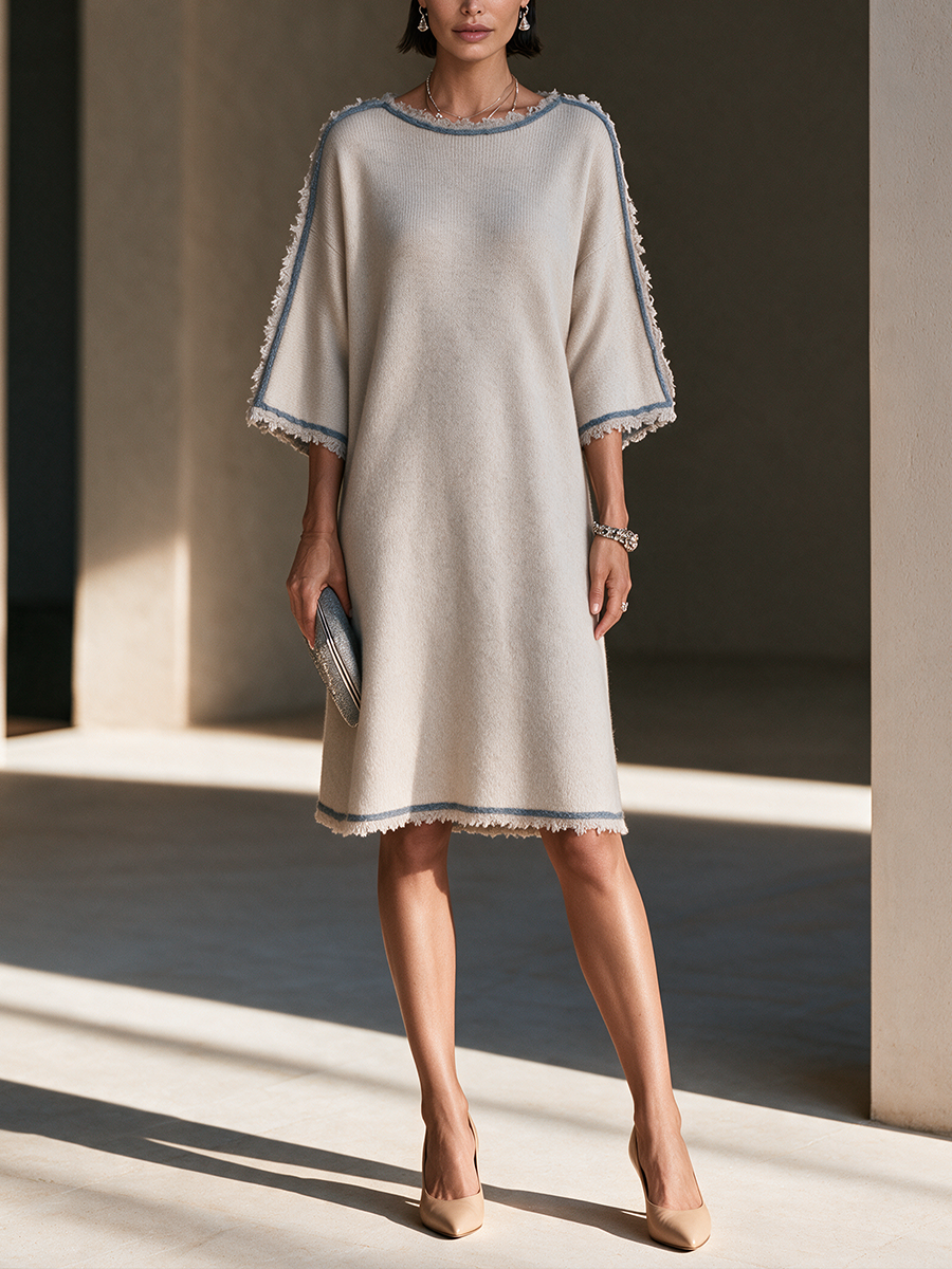 Women's Frayed Contrast Trim Casual Knit Midi Dress MDZ3102H6GMJ