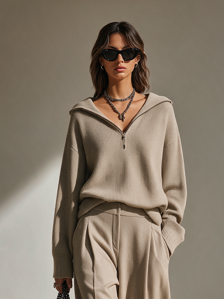 Women's Hooded Collar Knit Top And Wide-Leg Pants Set MDZ2576H6CMX