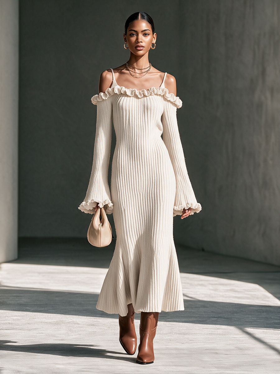 Women's Cami Off-Shoulder Frill-Trim Flare-Sleeve Fishtail Wool-Knit Maxi Dress MDZ2891H6CMX