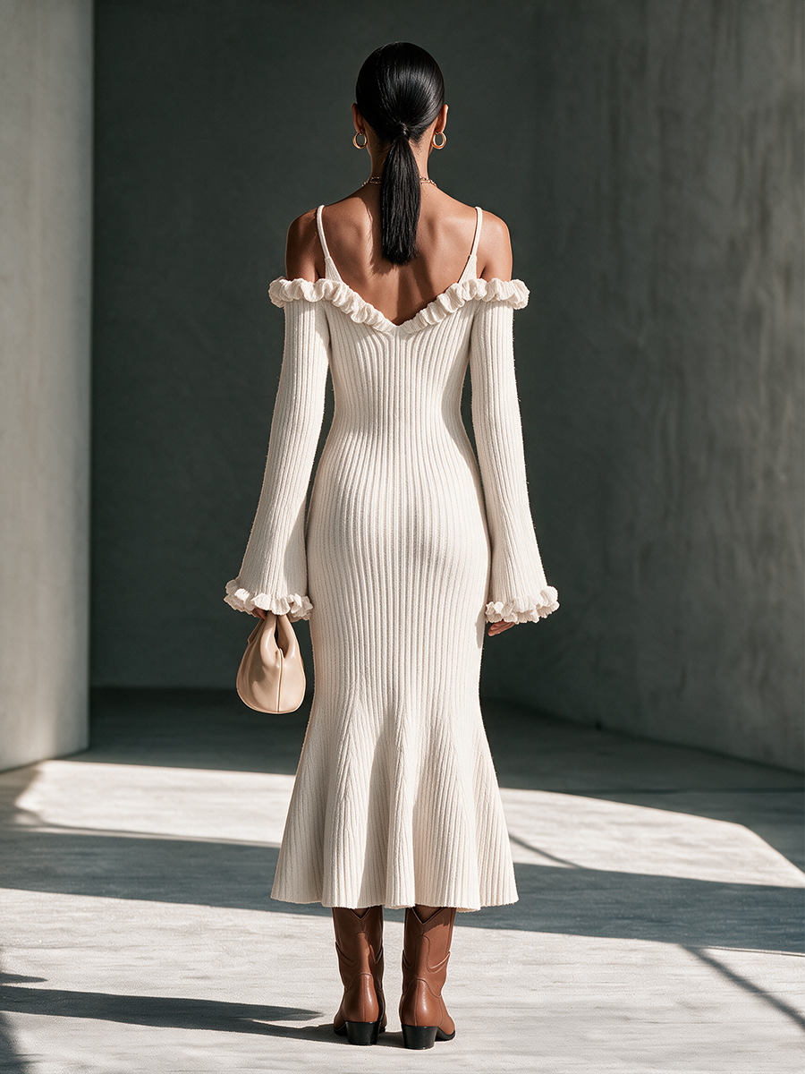 Women's Cami Off-Shoulder Frill-Trim Flare-Sleeve Fishtail Wool-Knit Maxi Dress MDZ2891H6CMX