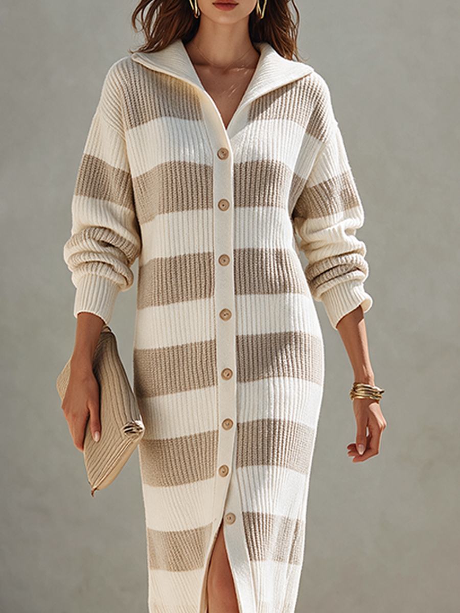 Women's Collared Striped Button-Front Knit Midi Dress MDZ0121I3ZRK