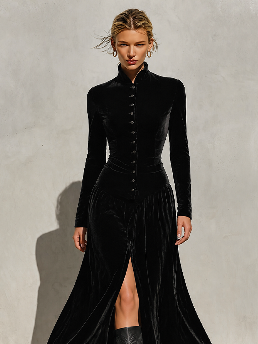 Women's Velvet Stand Collar Button Front Slit Maxi Dress MDZ0165I9LYL